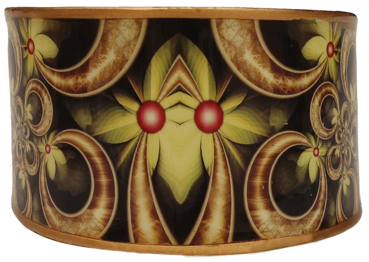 Brass Cuff Bracelet with Floral Pattern - 2.6” Olive-Green Black on Gold Tone - Trendy Accessories / Gifts for Her - Buy in Bulk Wholesale